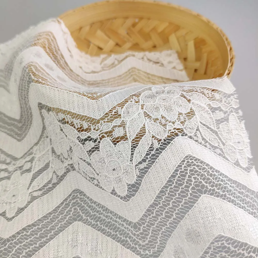 Guipure beige geometrical nylon with cotton swiss voile lace fabric