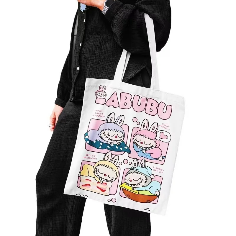 Botu Labubu Canvas Tote Bags Custom Printed Hot Selling Labubu Character Cartoon Large Capacity Hand Bag School Shoulder Handbag