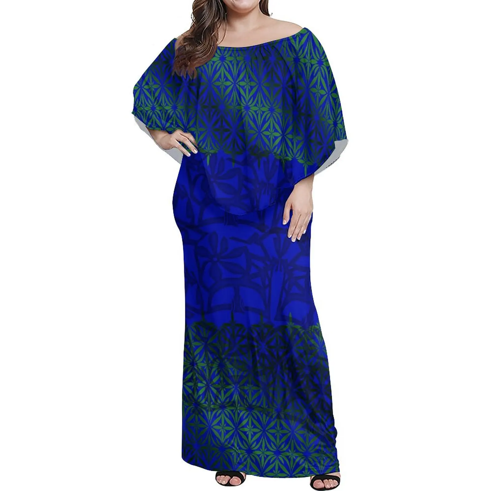 New Pacific Island Art Blue Polynesian Tribal Island Dresses Off Shoulder Layered Ruffle Shawl Dress Party Evening Dress Gowns