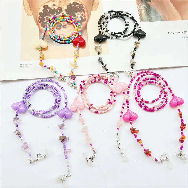 Colorful Wooden Beaded Chain Glasses Holder Rope Strap Heart Charm Acrylic Chain for Masked Lanyard