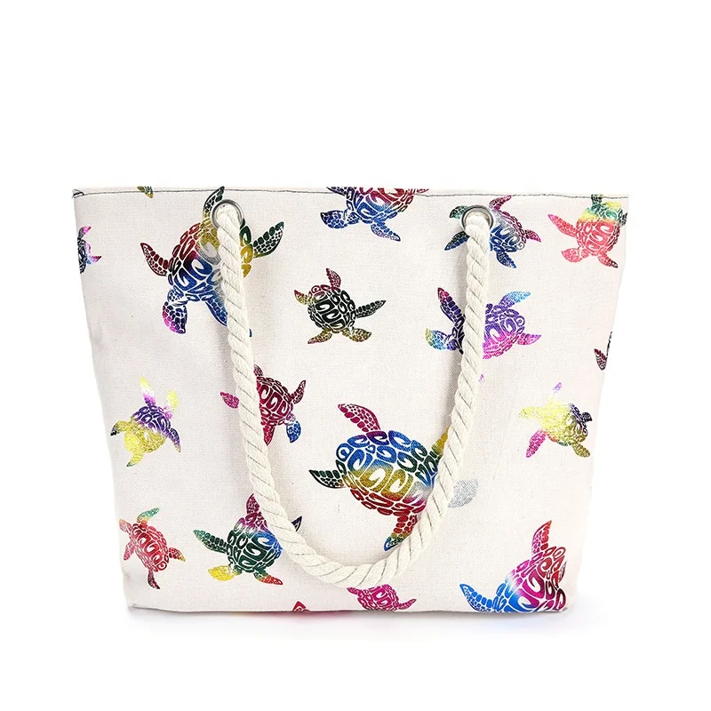 Manufacturer wholesale sea turtle design selling printed girl single shoulder tote canvas beach bag with rope handle
