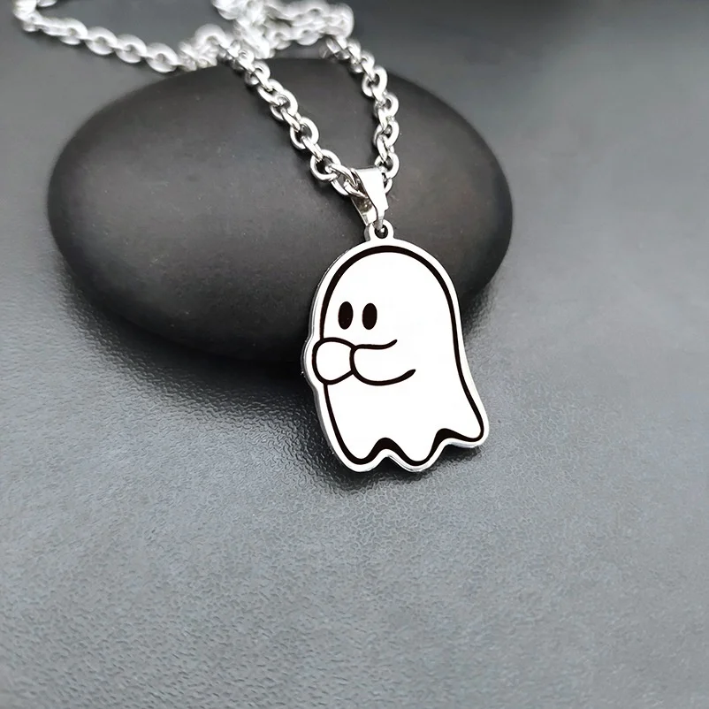 New Creative Stainless Steel White Hip Hop Girl Necklace Halloween Cartoon Ghost Pendant Necklace
