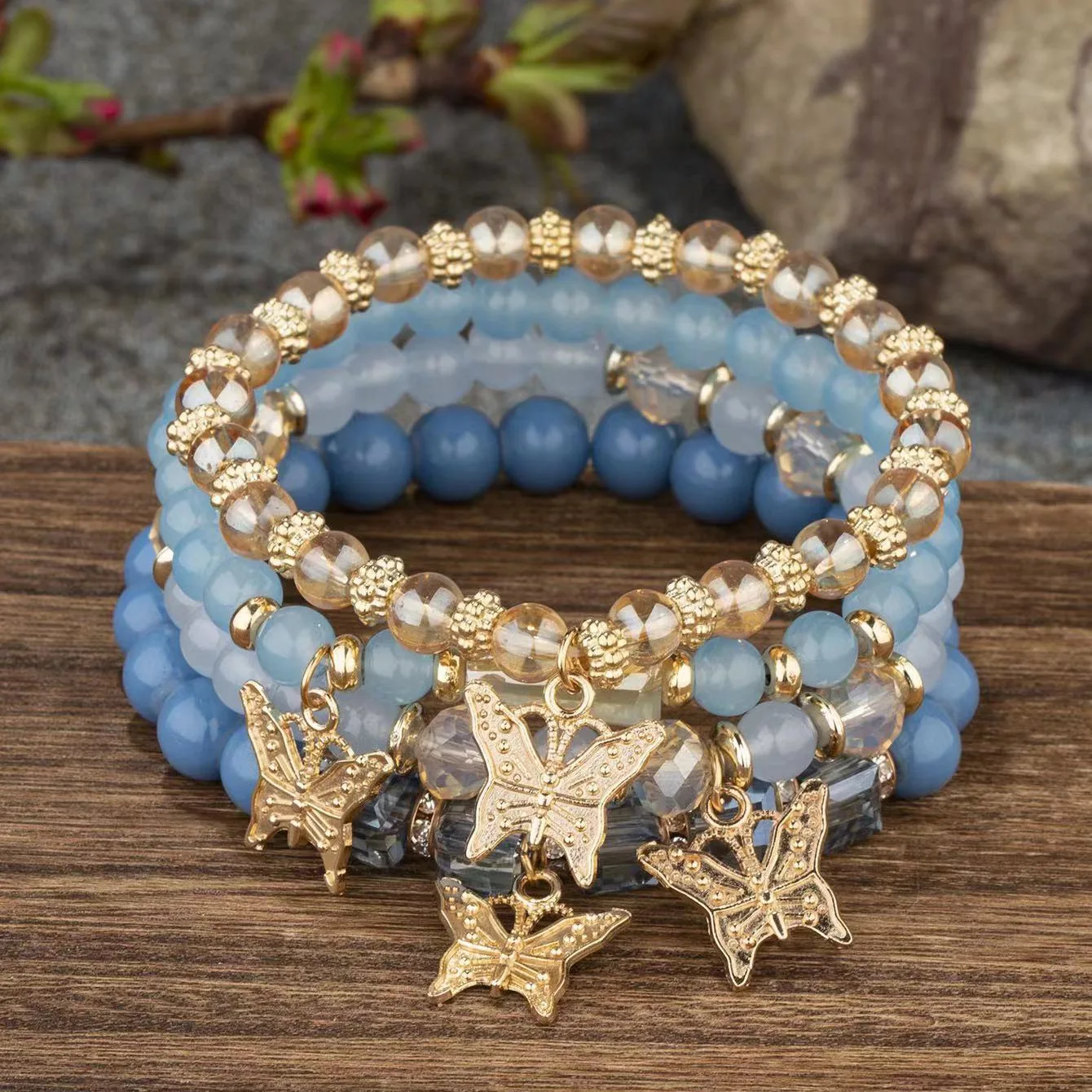 Boho Elastic Gold Plated Crystal Layered Butterfly Beaded Bracelet Women Handmade Beads Bracelet Jewelry For Gift