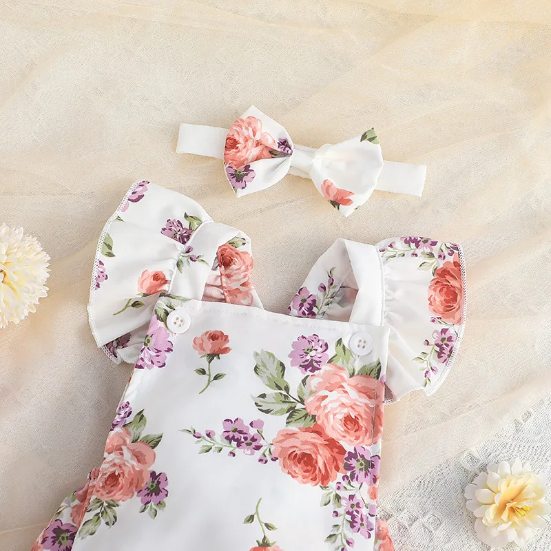 Baby Cute Triangle Sweetheart 2023 Baby and Toddler Summer New Print One Piece+Headband Two Piece Set