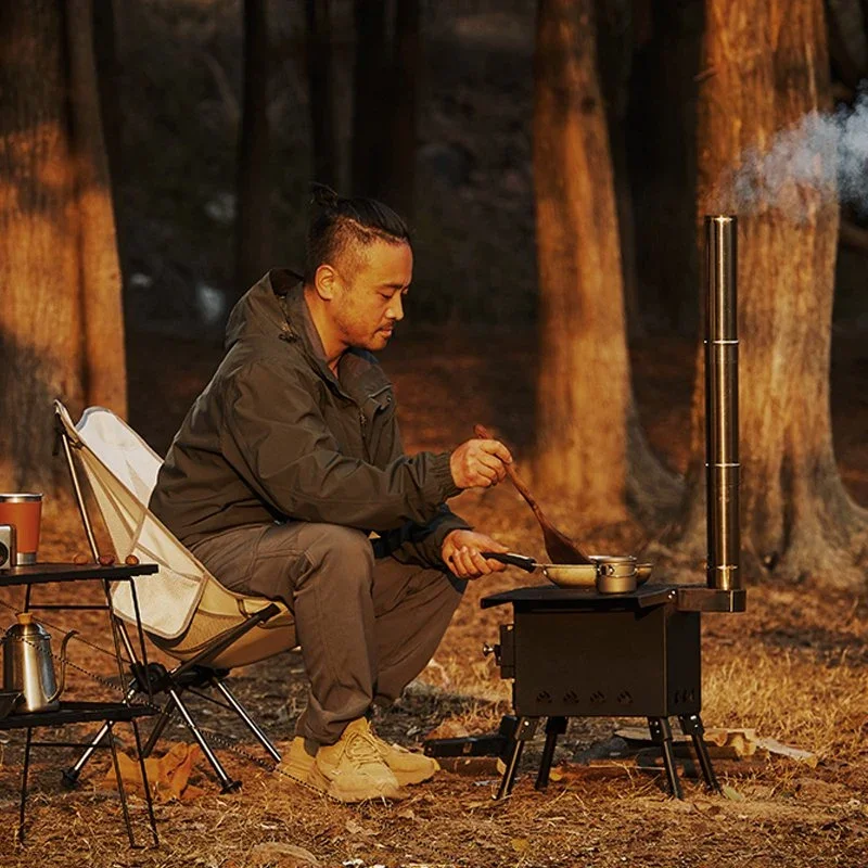 Wholesale Folding Portable Camping Wood Burning Stove Fireproof cooking Tent Stove With Chimney Tube and bag windshield