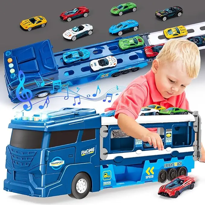 2025 Transport Car Carrier Truck -with 6 Cars Race Track Play Set With Lights Sounds Kids Gifts(blue)
