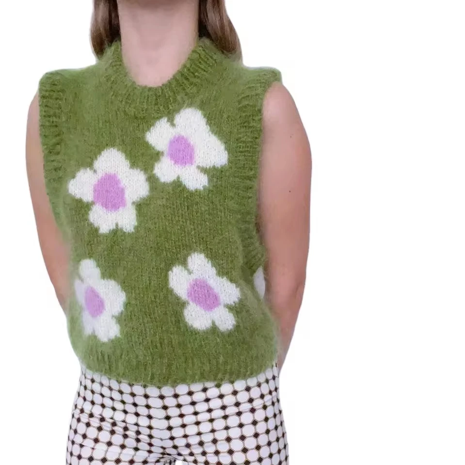 2024 Wholesale Custom Service  Summer and Spring Stylish  Flower Decoration Design Knitted  Top Vest Sweater for Women