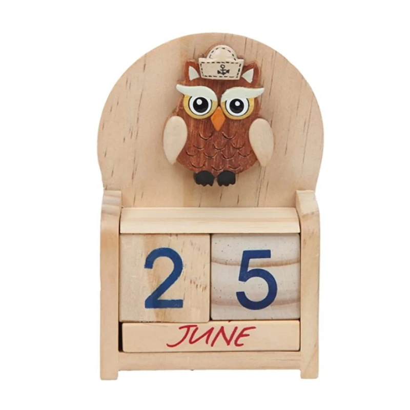 Custom Painted Owl Shaped Perpetual Calendar Display Decoration Wood Calendar For Desktop