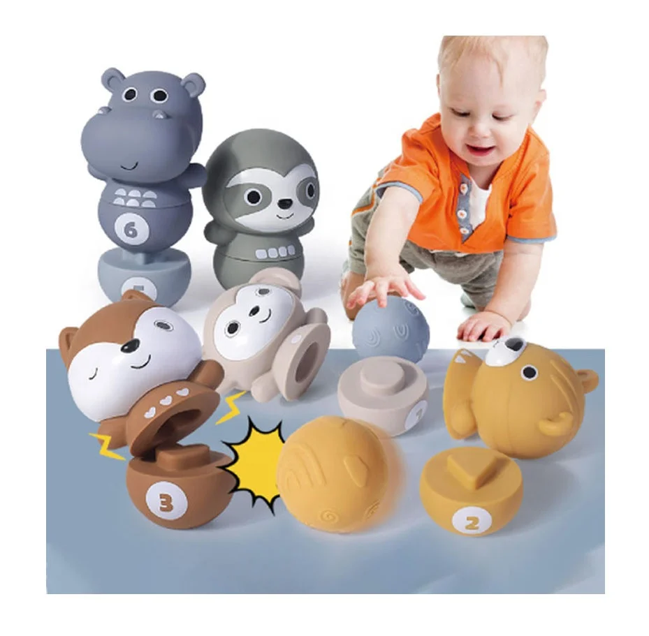 Baby Educational Cartoon Animal Soft rubber squeeze Ball Zoo Rollers Bowling Game Toys Baby Soft Stacking Building Blocks