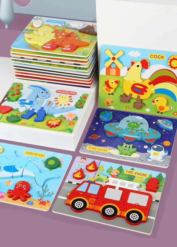 Montessori Wooden Cartoon Animal Dinosaur 3D Jigsaw Puzzle Toys Baby Educational Learning Puzzles For Kids