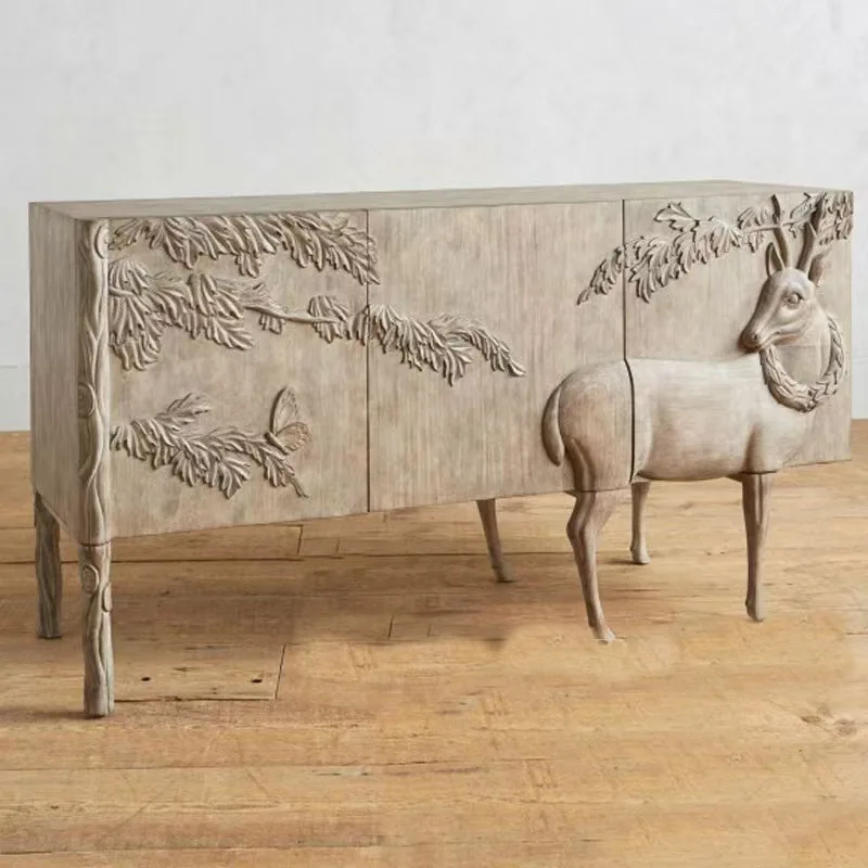 French new classical light luxury elk carved living room double door solid wood TV cabinet