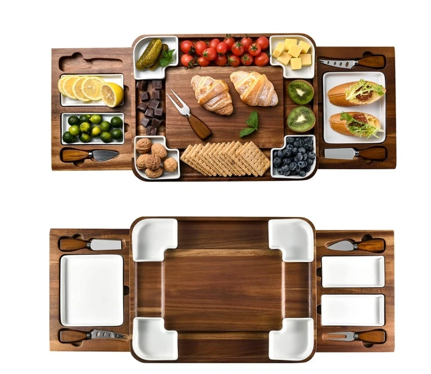 Acacia Wood Cheese Board Set Square Shaped Charcuterie Boards Cheese Platter With Stainless Steel Cutlery