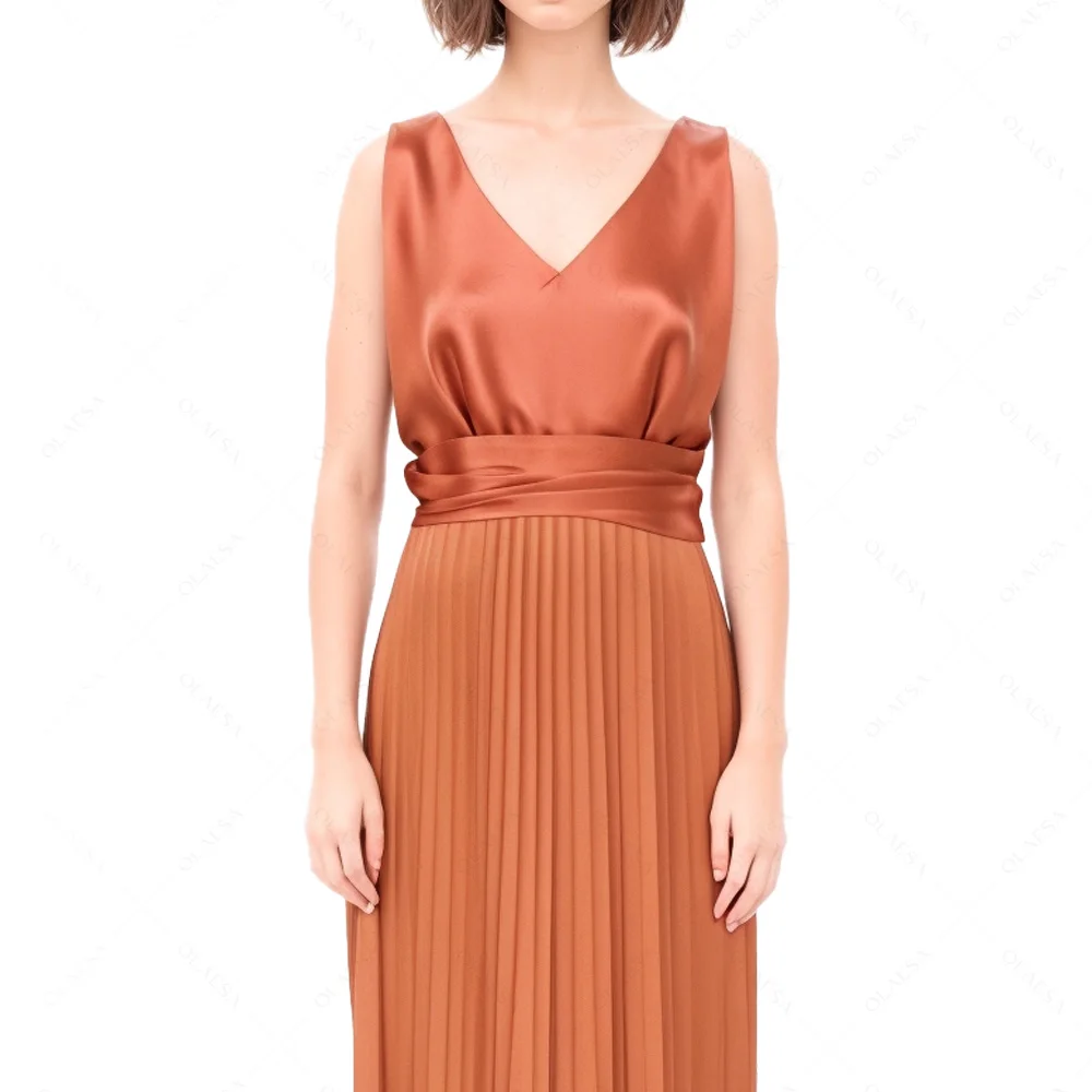 Pleated Silk Maxi Dress Satin Slip Sleeveless Backless Maxi Dress Women Ladies Dresses With Belt