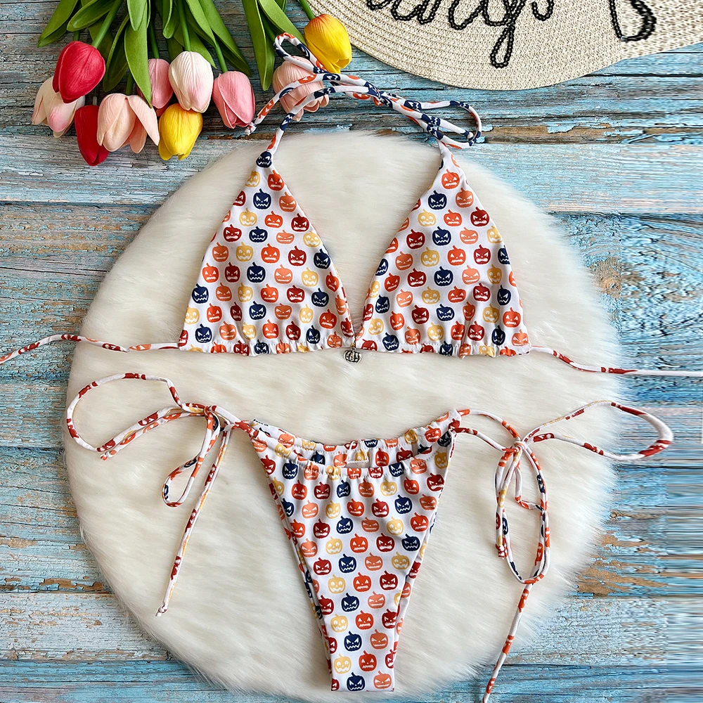 Sell Well Printed Halloween Pumpkin Orange Trending Lovely swimwear swimsuits 2 Pieces triangle halter lace up Bikini Set