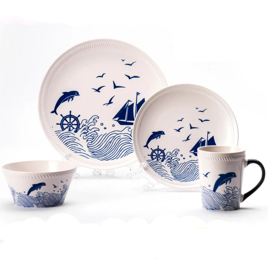 Large Embossed Design Ceramic Preservation Bowls Porcelain Salad Bowl With Plastic Lid