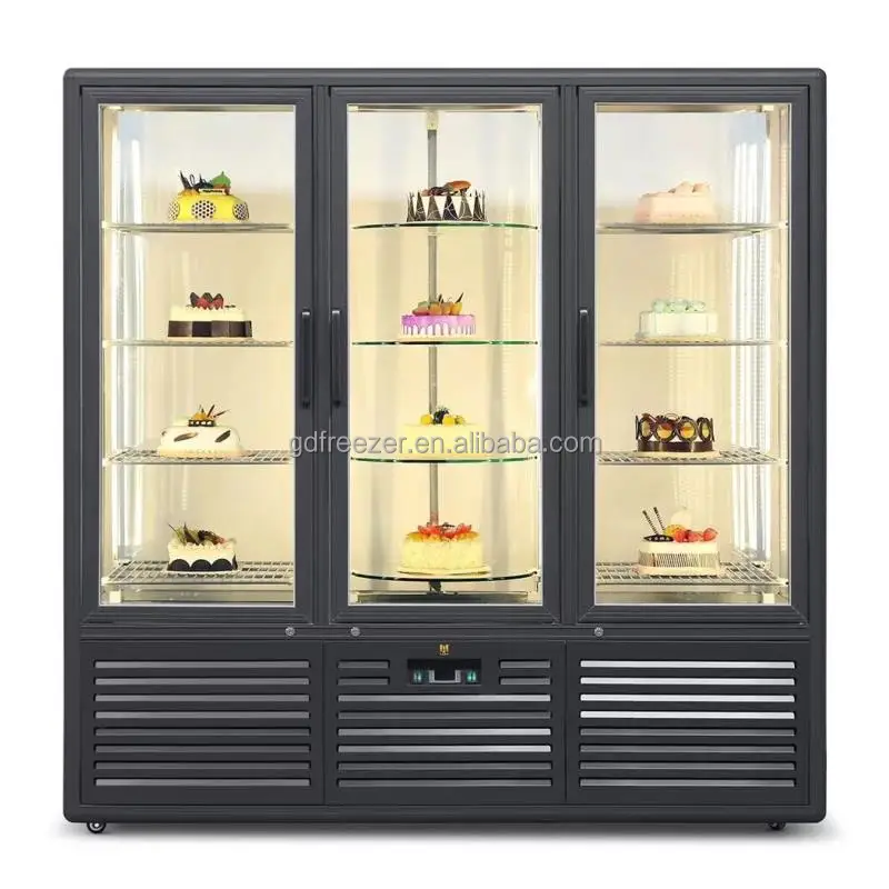Large capacity commercial 3 doors Bakery vertical refrigerated showcase Cake Dessert upright Rotating display fridge