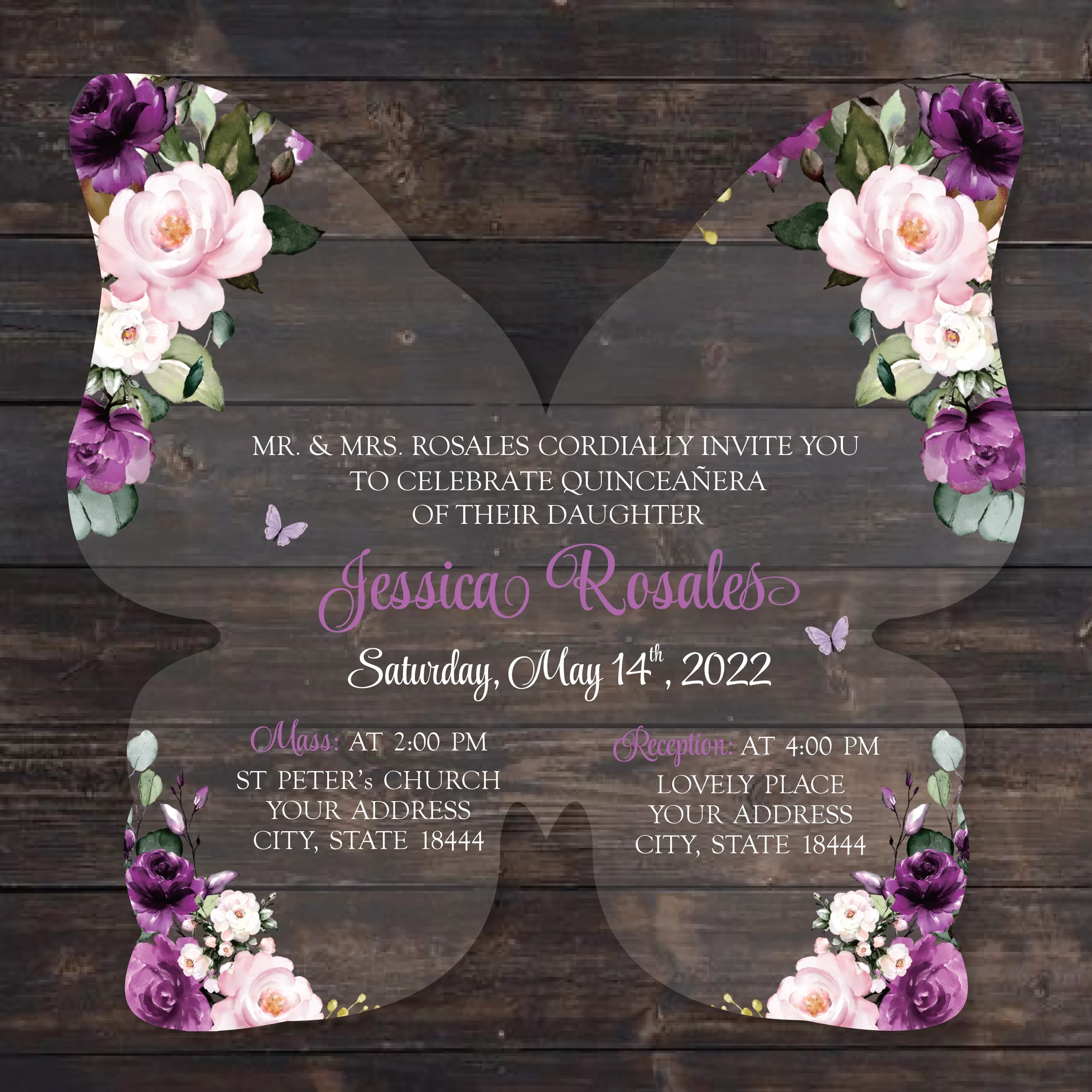 Custom Elegant Sky Blue Die Cut Sticker Floral Clear Butterfly Acrylic Quinceanera Party Invitation Wedding Invitation