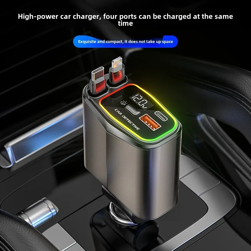 Factory direct retractable car charger fast charging 4 in 1 12V 24V digital display 120W QC3.0 super fast charging