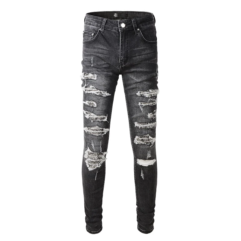 Rts For 852 Dropshipping black jeans men ripped patch jeans for men ripped patch tapered jeans