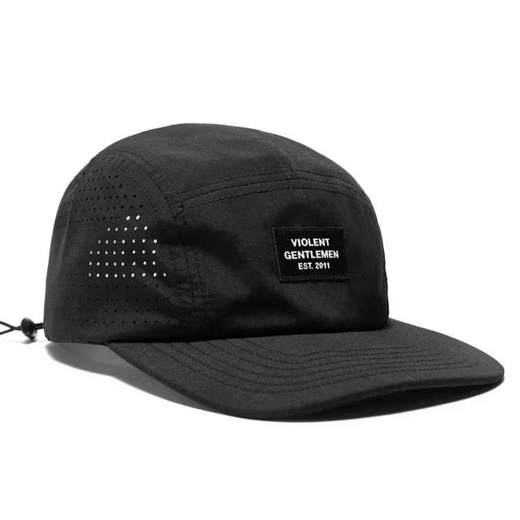 Wholesale Running Camp Sport Cap Custom Logo 5 Panel Nylon Flat Bill Unstructured Waterproof Laser Cut Hole Hat