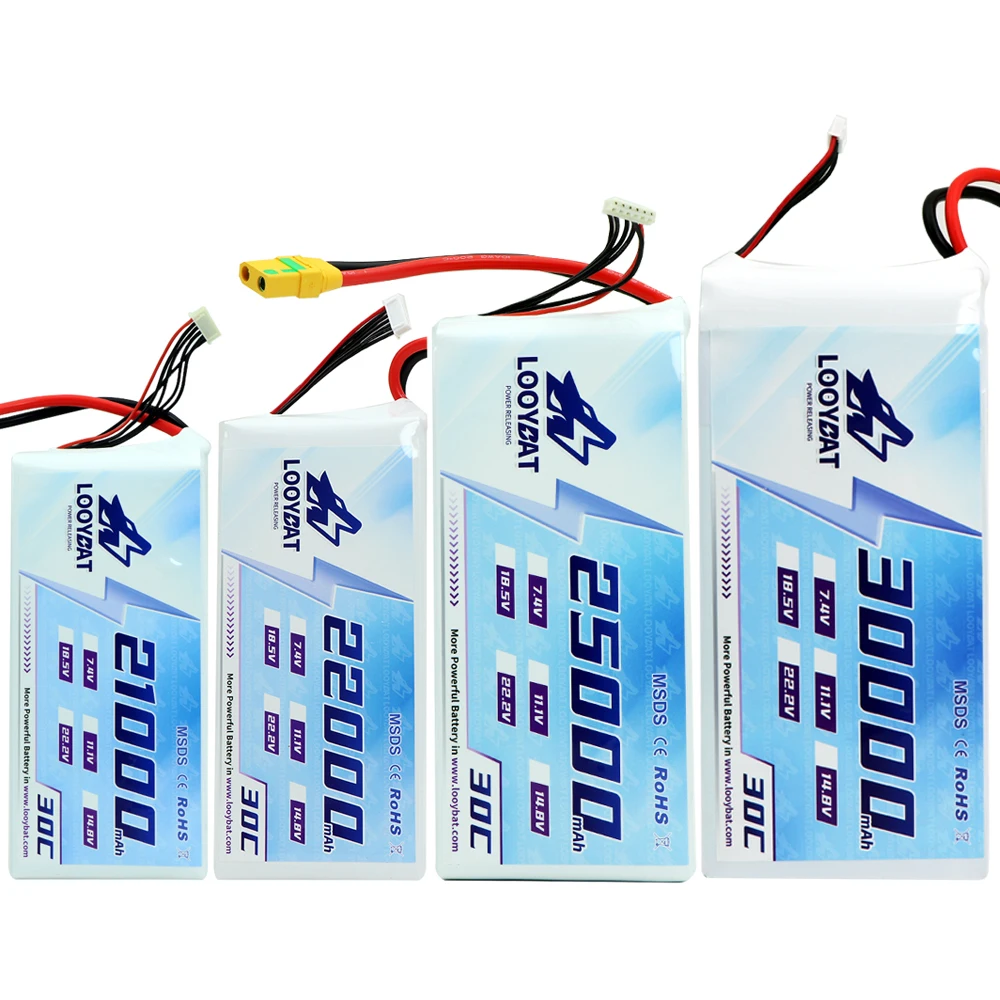 LOOYBAT Big Capacity 30000mAh 30Ah 6S 22.2V 15C 30C LCO RC LiPo Graphene Battery Packs For Drones RC Helicopters With AS150 XT90