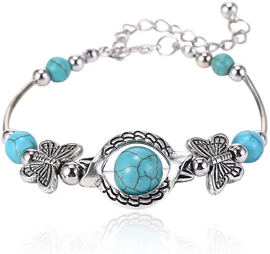 TurqBoho Tuoise Bracelet Classic Luxury Women Summer Unique Design Beaded Gemstone Butterfly Bracelet Jewelry