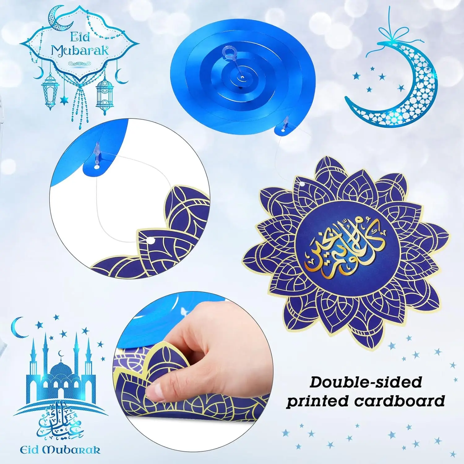 Customizable Blue & Gold Eid Party Decoration Banner Set with Spiral Tags Ramadan Party Decorations Tableware Table Decorations