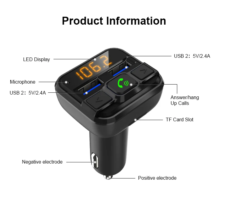 BT21 Wireless FM Transmitter Car MP3 Player Bluetooths Kit with Dual USB Ports Phone Charger
