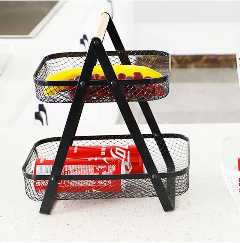 Low moq Hotselling 2-Tier Serving Tray Metal Storage Basket with Wood Handles for Fruit and vegetable