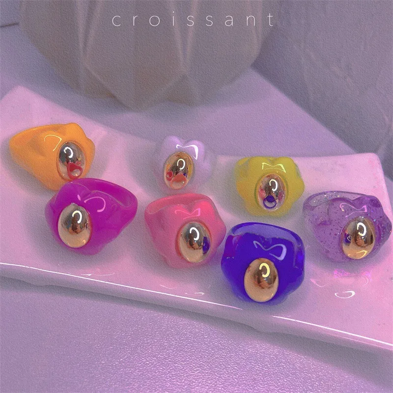 
Fashion Acid Acrylic Simple Clear Colorful Flower Ring Gold Bead Custom Resin Rings Flower 