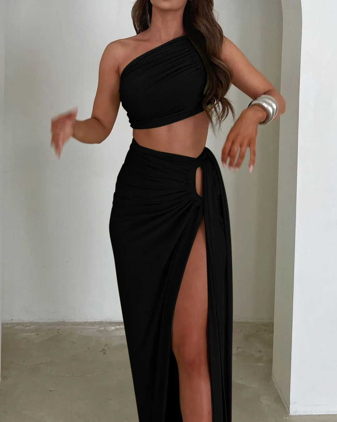 High Quality Sexy off shoulder Halter Bra Top long split skirts Two Piece Set