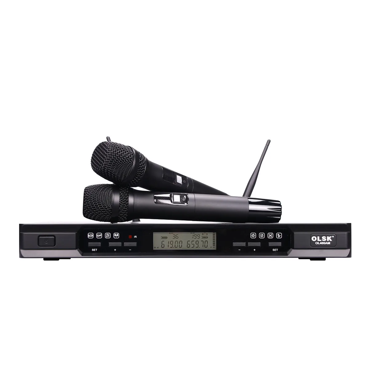 OL400AM Karaoke Mic Dual Channel 160 Meters Range UHF Dynamic Wireless Microphone System With Handheld Mics 6.3 MM LXR Jack