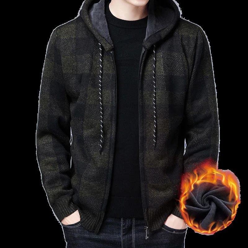 Plaid Hooded Cardigan Men Clothing Winter Knitted Cardigan Sweater Men Coats Fashion M-3XL 2022 Spring Clothing Casual Printed