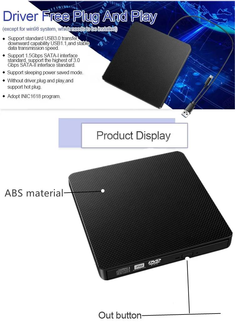 
External DVD-Rw DVD / CD Rewritable DriveUSB 3.0 Portable External Slot DVD-RW CD-RW Burner Writer External DVD Driver 