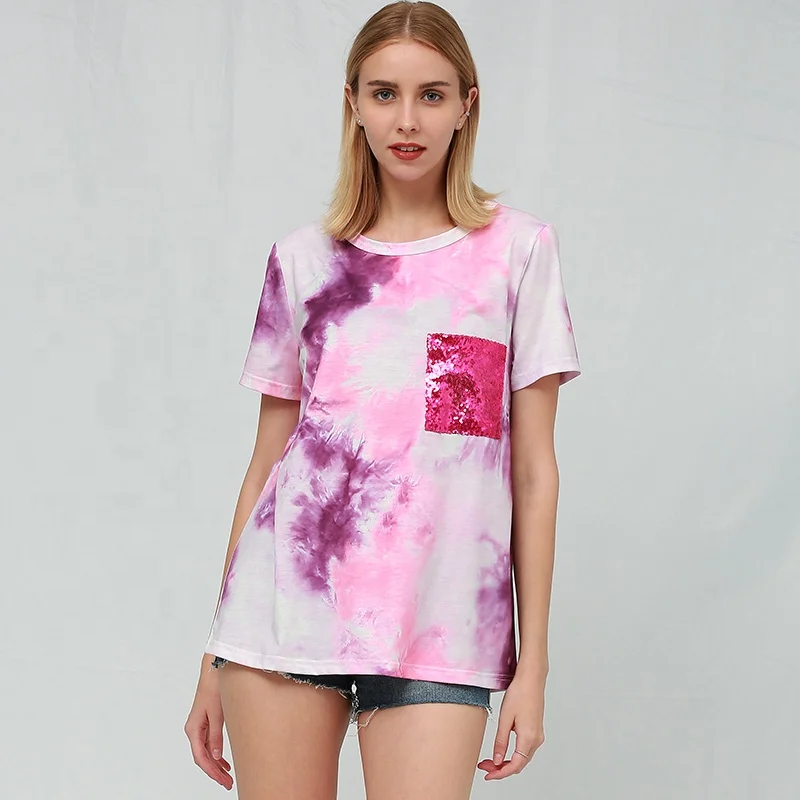 Summer Tie Dye Print Patchwork Sequin Pocket Women Plus Size Transfer Tshirt custom women t-shirt