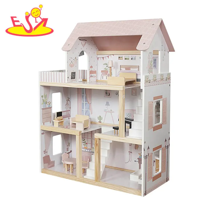 New Design Girls Pretend Play Wooden Dollhouse Toy with Accessories W06A413I