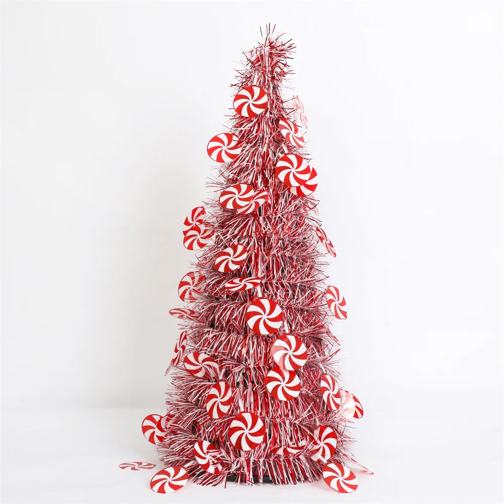 Wholesale party supplies Christmas 48cm Christmas PET tinsel tower tree with lollipop ornaments