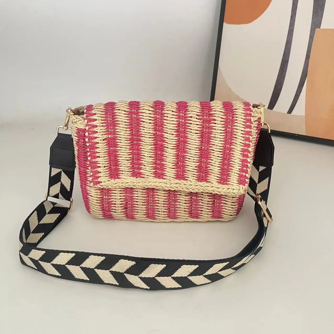 summer pink paper straw woven bag beach shoulder tote women basket handbag clutch purse