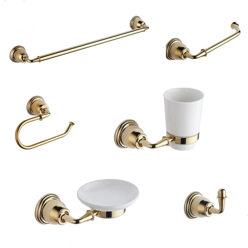 
6 pieces Luxury gold design wall mounted Brass bathroom accessories set 