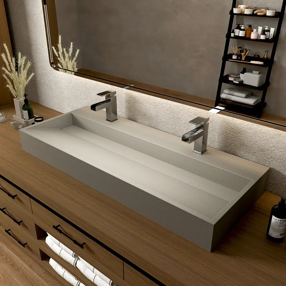 Farmhouse Concrete Trough Bathroom Sink Cement Gray Vessel Sink with Faucet Holes