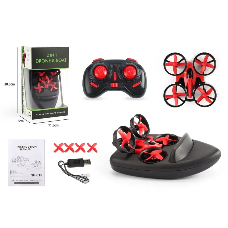 NH-015 2 in 1 Mini RC Drone Boat 2.4GHz 4CH Waterproof Fishing 360 Degree Roll Air Land and Water With LED Lights