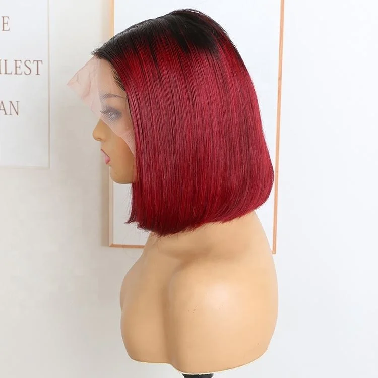 Best Reviewed 13X4 Transparent Lace #1B/99j Red Silky Straight 100% Virgin Short Cuts Human Hair Wig
