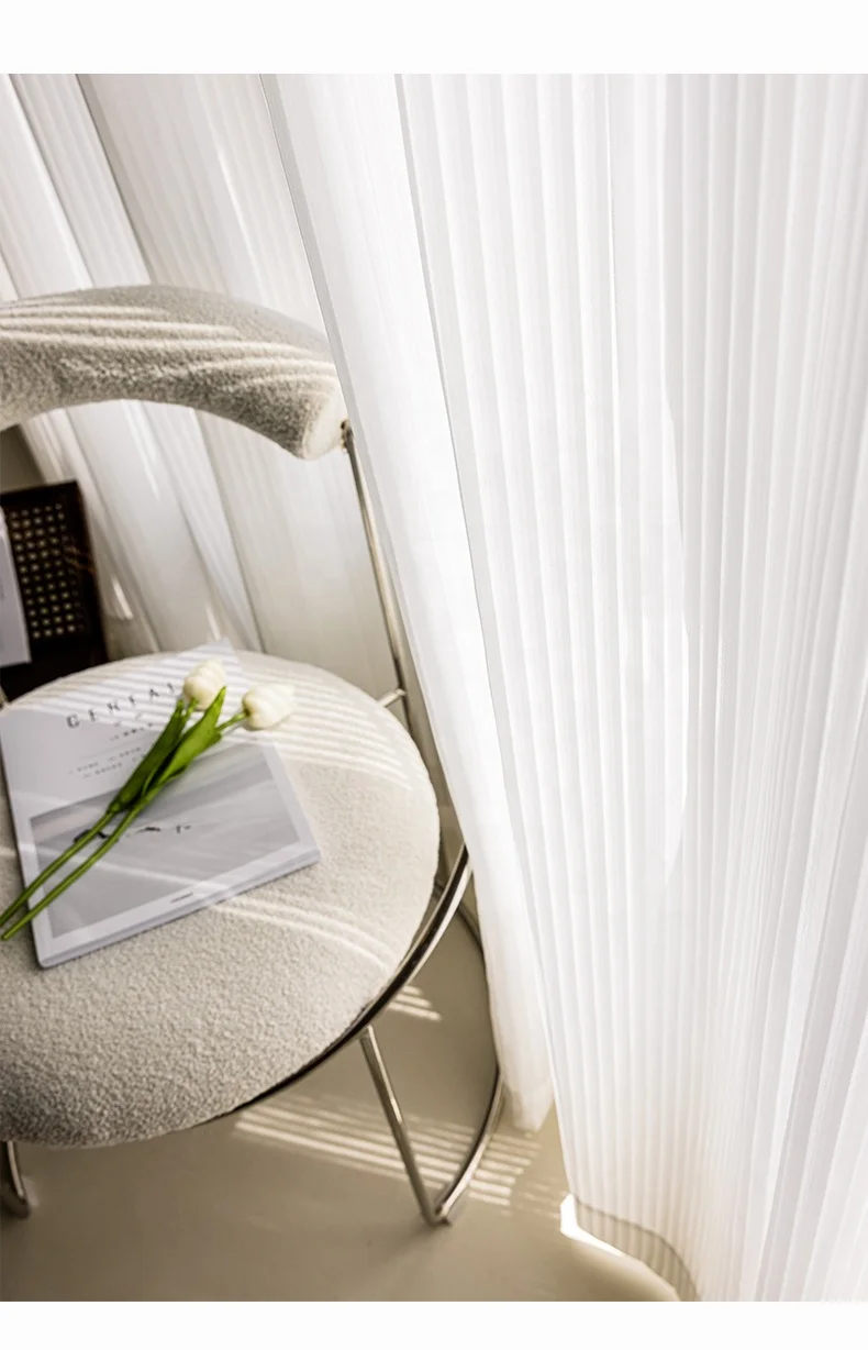 Fancy White Voile Light Filtering Vertical Striped Louver Sheer Curtains For Living Room