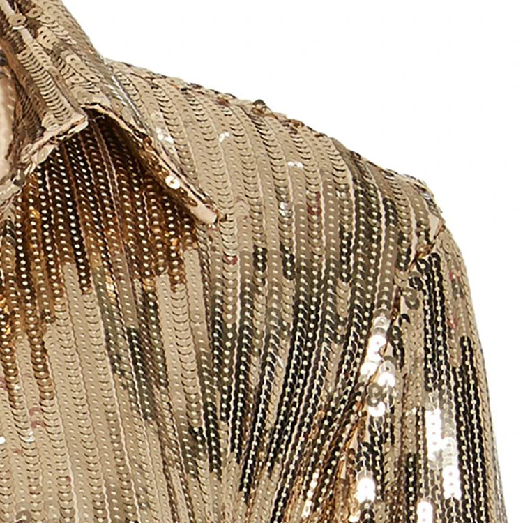 Custom Wholesale Women Sexy Fashion Long Sleeve Deep V Plugging Neck Sequin Lined Stretchy Blouse