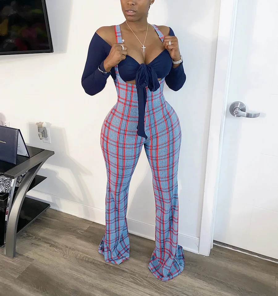 Women Strapless Plaid Overalls 2 Piece Set Women Outfits Wholesale Jumpsuits Women Plus Size Two Piece Set