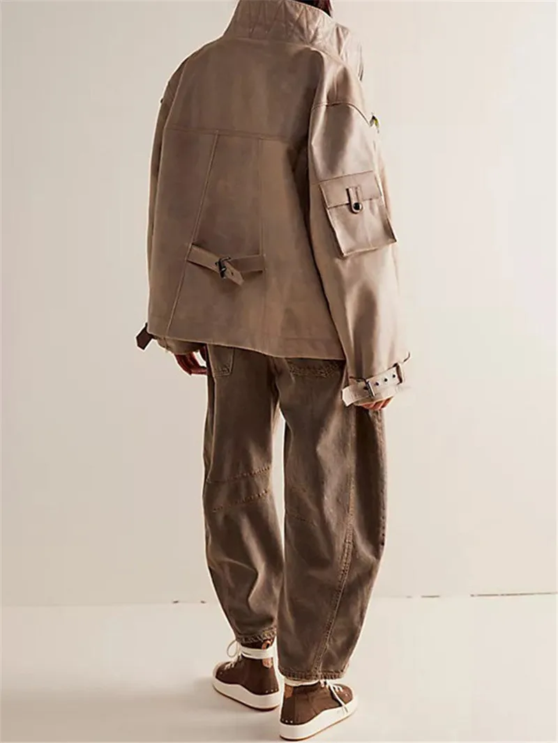 Cool Women Simple PU Coats Casual Plain Suit Lady Winter Plus Size Oversized Zipper Leather Coat Jackets