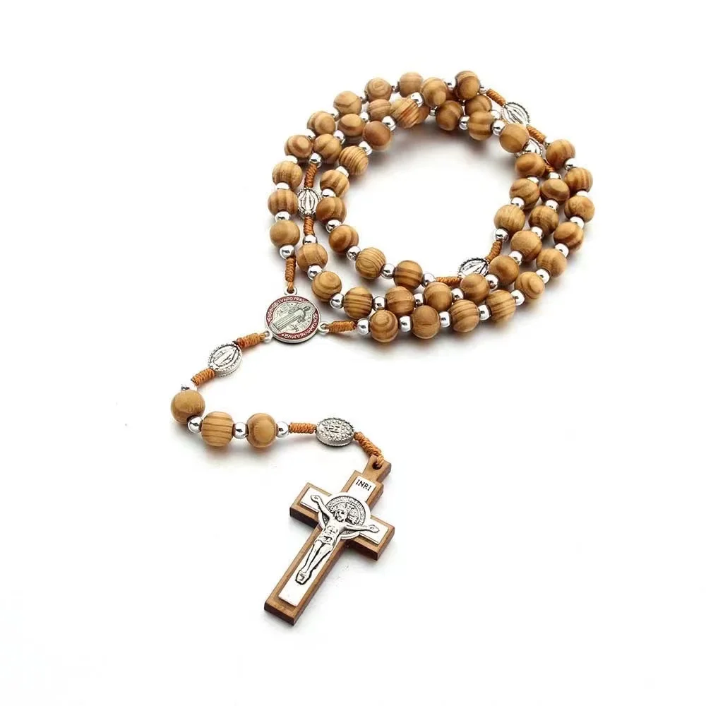 Hand-knotted Catholic Retro Wood Beads Alloy Benedic Jesus Christ Cross Pendant Rosary Necklace