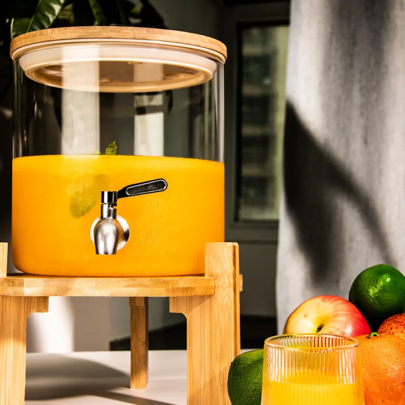 Customized 5/8/11L high borosilicate Glass Large capacity Beverage Dispenser with Wooden lid multifunctional glass jar