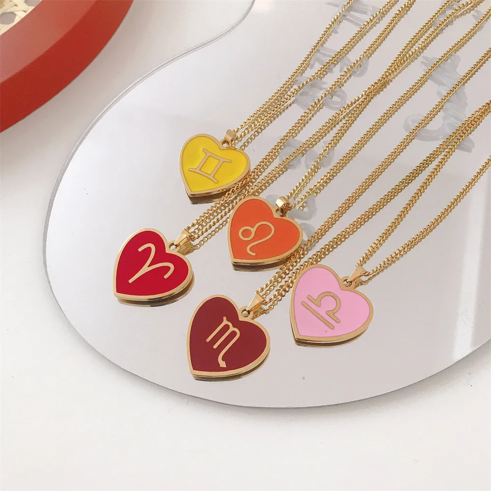 Trendy Fashion Colorful Enamel Zodiac Symbol 12 Constell Pendant Stainless Steel Necklace