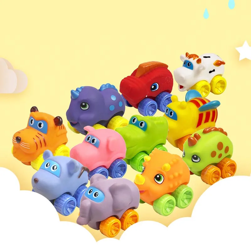 Wholesale Factory Lovely Cartoon Soft Animals Hippo Dinosaur Tiger Small Car Toys PVC Vinyl Plastic Animal Cartoon Cute Cars
